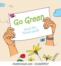 hand holding placard go green written on it surrounded with nature elements- line drawing