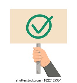 Hand holding placard with green check mark on it vector isolated. Make your choice concept. Positive answer, message on the board.