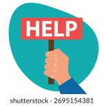 Hand holding placard with help text. Businessman asking help or donations. Charity donation funding