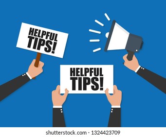 Hand holding placard and megaphone with Important Announcement. Vector flat. Helpful tips