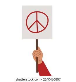 Hand holding placard with pacifist symbol. Pacifist antiwar demonstration. Protest activism. Vector illustration