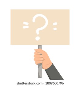 Hand holding a placard with question mark on it vector isolated. Suprise and confusion concept.
