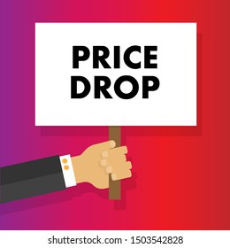 Hand holding placard with text price drop. Business photo text. colorful background.