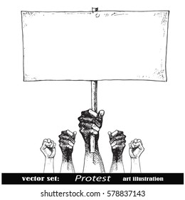 Hand holding a placard.Crowds of people protesting against social or political issue.Vintage 
art illustration.