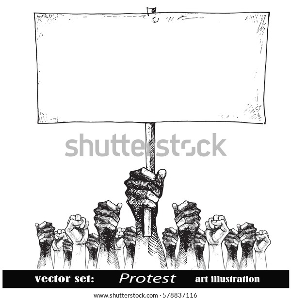 プラカードを持つ手 社会問題や政治問題に抗議する人々の群集 ビンテージ アートイラスト のベクター画像素材 ロイヤリティフリー 578837116