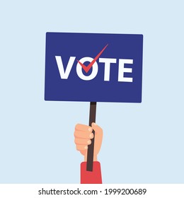 Hand holding placards with VOTE. Political election concept. Vector stock