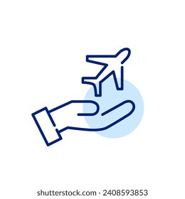 Hand holding a plane taking away. Airlines company. Pixel perfect, editable stroke