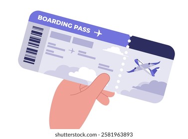 Hand holding the plane ticket on an isolated background. Vector illustration in a flat style