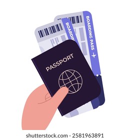 Hand holding plane ticket and passport on an isolated background. Vector illustration in a flat style