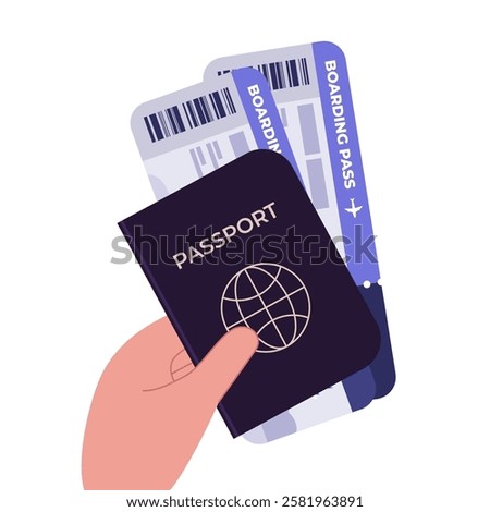 Hand holding plane ticket and passport on an isolated background. Vector illustration in a flat style