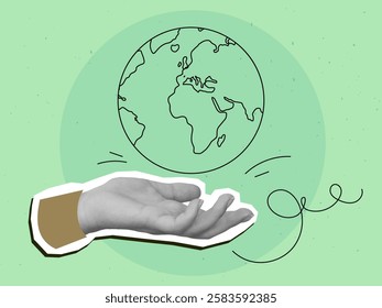 Hand holding a planer Earth. Modern collage style. Vector illustration