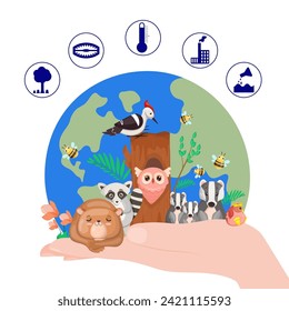 Hand holding planet with  birds and animals vector illustration. Deforestation, plant emissions, temperature changes icons. Destruction of animal and bird species, biodiversity crisis concept