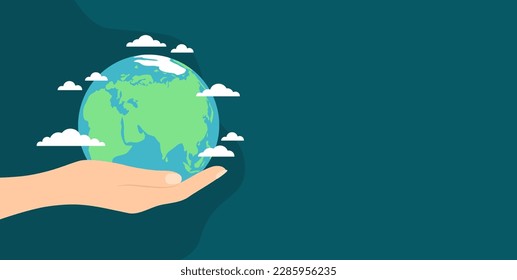 Hand holding planet Earth with clouds around on dark blue background with copy space. Vector illustration in flat style