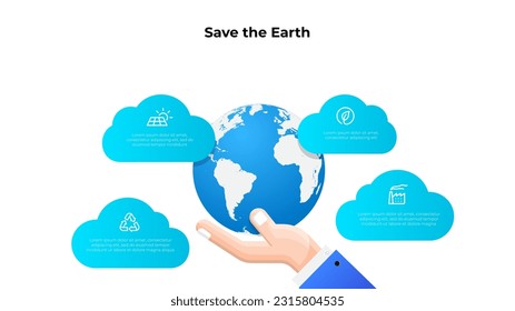 Hand holding planet Earth with clouds. Earth ecology infographic template. Save the world environment concept
