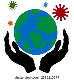 Hand holding planet earth. concept to save the earth. Two palms holding a globe. Save the earth from virus attacks. Vector illustration.