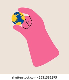 Hand holding planet Earth. Eco-friendly concept. Colorful vector illustration 

