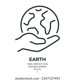 Hand holding planet Earth editable stroke outline icon isolated on white background flat vector illustration. Pixel perfect. 64 x 64.