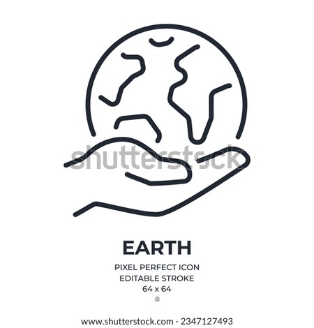 Hand holding planet Earth editable stroke outline icon isolated on white background flat vector illustration. Pixel perfect. 64 x 64.