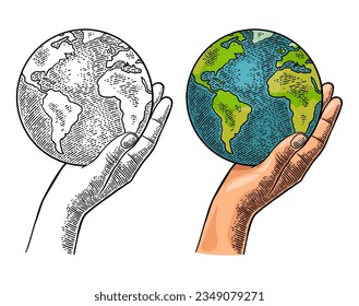 Hand holding planet earth. Engraving vintage vector color illustration. Isolated on white background. Hand drawn design element for label and poster