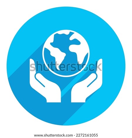 Hand holding planet earth. flat icon. long shadow design. blue background.