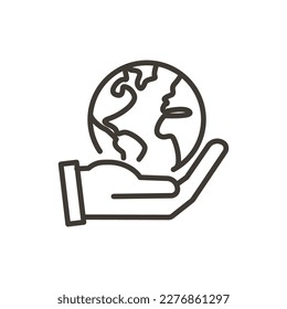 Hand holding planet earth globe vector thin line icon. Minimal illustration for concepts of environment awareness, ecology, traveling, freedom, globalization