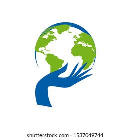 Hand Holding Up The Planet Earth. Green New Deal Logo Template Design Vector