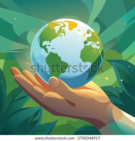 Hand holding planet Earth with green foliage background
