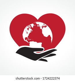 Hand holding planet Earth inside big red heart, vector
