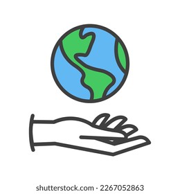 Hand holding planet earth, linear vector icon. Save the planet. Earth day symbol. World Environment Conservation.