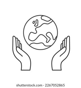 Hand holding planet earth, linear vector icon. Save the planet. Earth day symbol. World Environment Conservation.