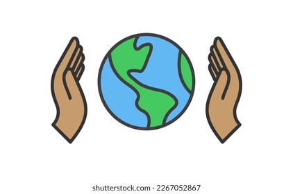 Hand, die den Planeten Erde hält, lineares Vektorsymbol. Rettet den Planeten! Earth Day-Symbol. Weltumweltschutz.