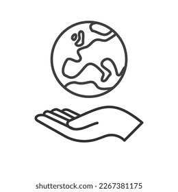 Hand holding planet earth, linear vector icon. Save the planet. Earth day symbol. World Environment Conservation.