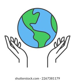 Hand holding planet earth, linear vector icon. Save the planet. Earth day symbol. World Environment Conservation.