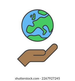 Hand holding planet earth, linear vector icon. Save the planet. Earth day symbol. World Environment Conservation.