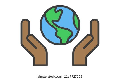 Tierra de planeta de mano, icono de vector lineal. Salvemos el planeta. Símbolo del Día de la Tierra. Conservación del Medio Ambiente Mundial.