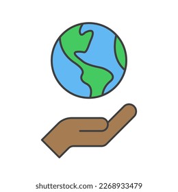 Hand holding planet earth, linear vector icon. Save the planet. Earth day symbol. World Environment Conservation.