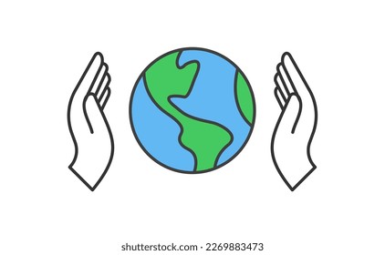 Tierra de planeta de mano, icono de vector lineal. Salvemos el planeta. Símbolo del Día de la Tierra. Conservación del Medio Ambiente Mundial.
