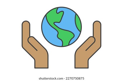 Hand, die den Planeten Erde hält, lineares Vektorsymbol. Rettet den Planeten! Earth Day-Symbol. Weltumweltschutz.