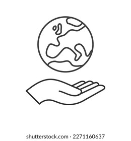 Hand holding planet earth, linear vector icon. Save the planet. Earth day symbol. World Environment Conservation.