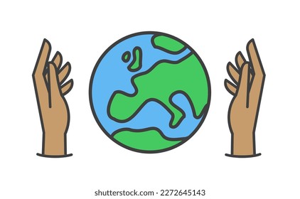 Hand, die den Planeten Erde hält, lineares Vektorsymbol. Rettet den Planeten! Earth Day-Symbol. Weltumweltschutz.