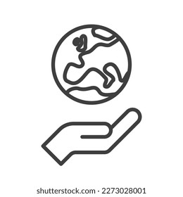 Hand, die den Planeten Erde hält, lineares Vektorsymbol. Rettet den Planeten! Earth Day-Symbol. Weltumweltschutz.