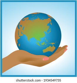 Mano sosteniendo el planeta Tierra. Ilustración vectorial. 
