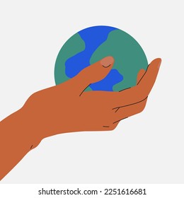 Hand holding planet Earth. World Environment day concept. Earth day. Protection, ecology conservation, save planet. World globe in human hands