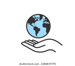 Hand holding planet earth. World environment conservation linear icon. Human protect nature. Save the planet.