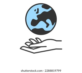 Hand holding planet earth. World environment conservation linear icon. Human protect nature. Save the planet.