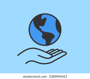 Hand holding planet earth. World environment conservation linear icon. Human protect nature. Save the planet.