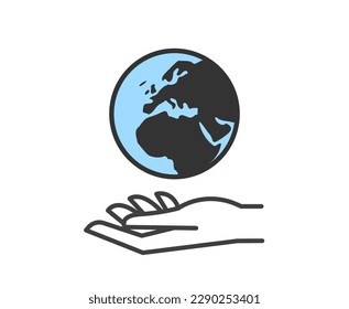 Hand holding planet earth. World environment conservation linear icon. Human protect nature. Save the planet.