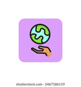 Hand holding planet line icon. Earth, world, support. Volunteering concept. Can be used for topics like environment protection, ecology, global warming.