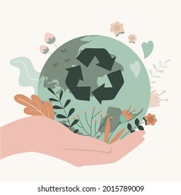 Hand holding planet with recycling symbol. Zero waste movement support. Environmental protection and green living. Give things second life. Eco friendly lifestyle. Ecology. Flat vector illustration