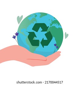 Mano sujetando el planeta con el símbolo de reciclaje. Apoyo al movimiento de basura cero. Protección ambiental y vida verde. Den las cosas una segunda vida. Estilo de vida ecológico. Ecología. Ilustración vectorial plana.